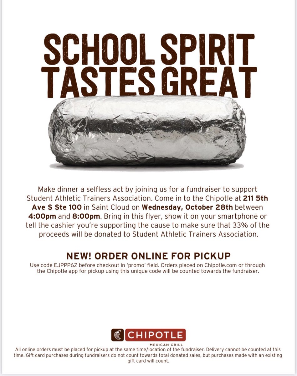 RLJATC's tweet photo. What’s for dinner tonight? If you’re in the south side of St Cloud, get to chipotle. Suppprt out athletic trainers students! https://t.co/zu8g7JDwkl