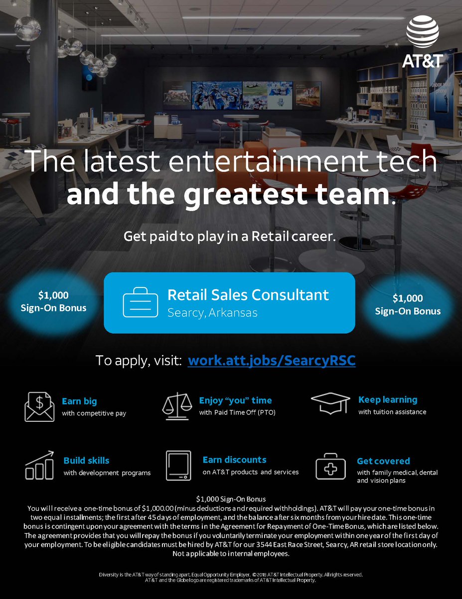 VisitSearcy's tweet photo. New Jobs Posted! There are fourteen businesses in this list including AT&amp;T offering a sign-on bonus. See them all here https://t.co/10NBMcbjiW https://t.co/Hg1H16PQDc