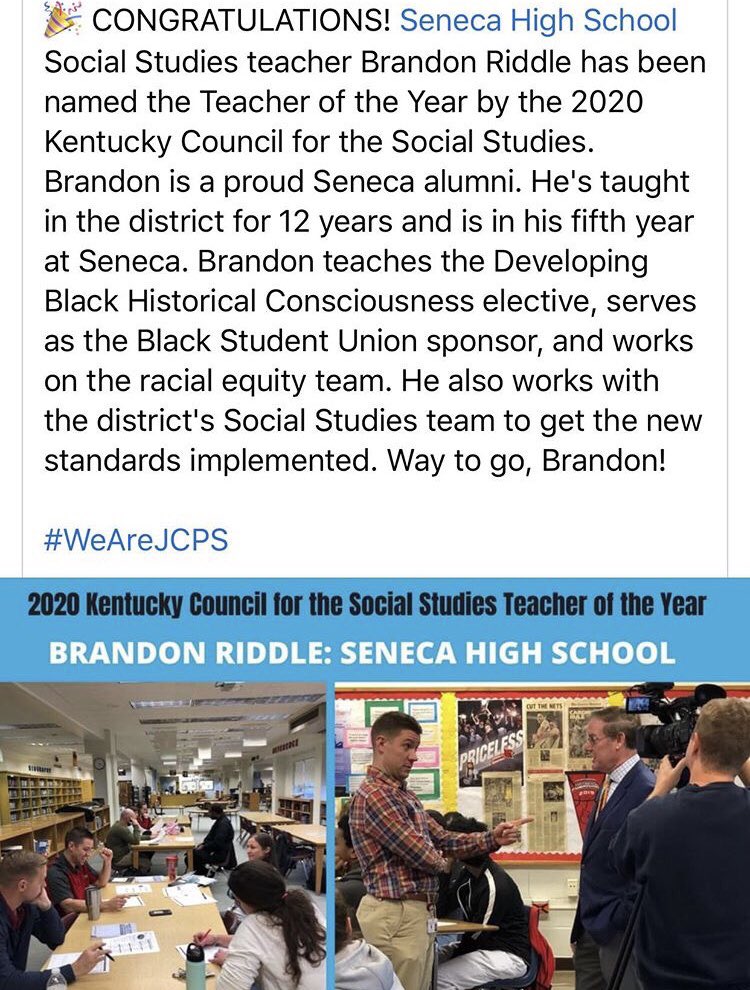 🎉Congratulations Mr. Riddle! Mr. Riddle is Seneca’s Black Student Union sponsor going on 2 years and we are very great full and proud that he is! #bsu #seneca #teacheroftheyear
