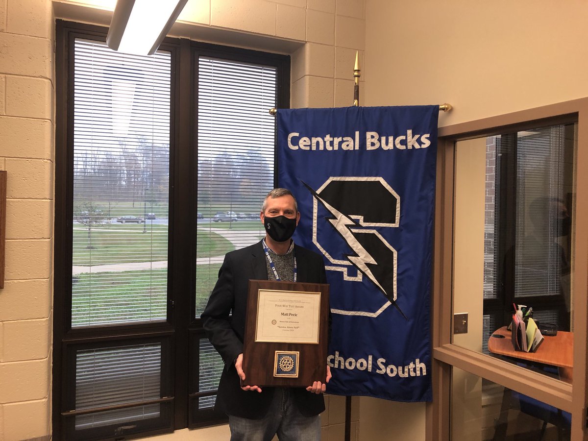 CBSouthHS's tweet photo. Congratulations to Mr. Pecic for being named the Education Award Recipient of the Doylestown Rotary Club’s 4 Way Test Award. CB South is proud!  ⁦@CBSDSchools⁩ ⁦@MattPecic⁩ https://t.co/VjlY0MuZ86