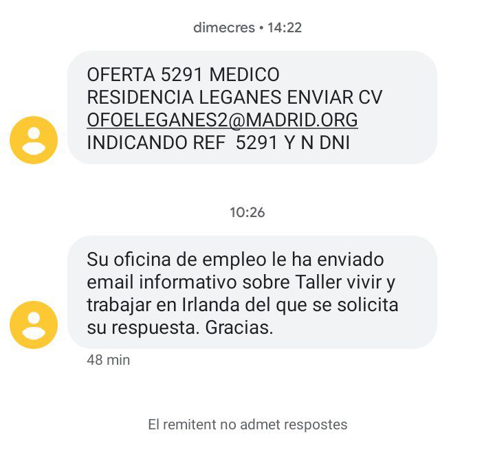 mitocondriaca's tweet photo. Soy médico de Atención Primaria.
Hace poco me mudé a Madrid y en el impass he estado en paro.

En este tiempo la Oficina de Empleo me ha enviado 2 SMS: 
1⃣Una oferta de trabajo en una residencia privada
2⃣Una invitación a un taller sobre vivir y trabajar en Irlanda

(hilo: 1/6) https://t.co/Z9k7JUf8Gf