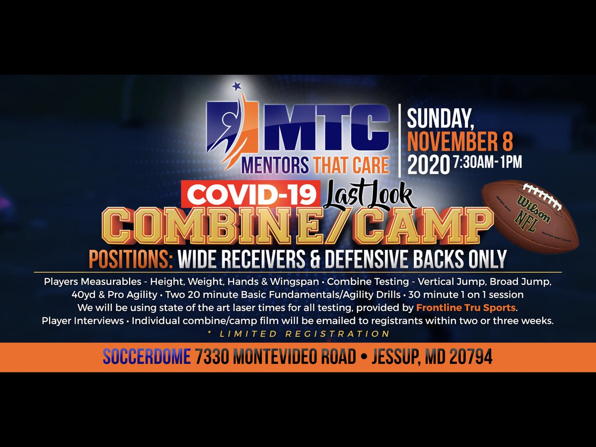 CoachLee34's tweet photo. This combine/camp will be filmed. All testing will be laser timed and each registrant will receive his individual film of testing and workouts. Opened to sophomores, juniors and seniors. Only $75 (Limited Registration) email for link to register.

lee@mentorsthatcare.com https://t.co/E0BA2NOTr4