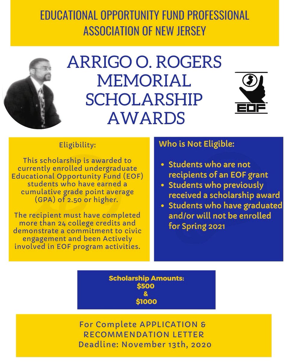 EOFRamapo's tweet photo. EOFPANJ is selecting (up to) five students to receive a $500 or $1000 Scholarship for Leadership &amp; Service. The award is given in memory of Arrigo O. Rogers, Rutgers University Alumnus &amp; EOF Counselor. This scholarship is open to current EOF students  #EOFRamapo https://t.co/fH90cnCFiB