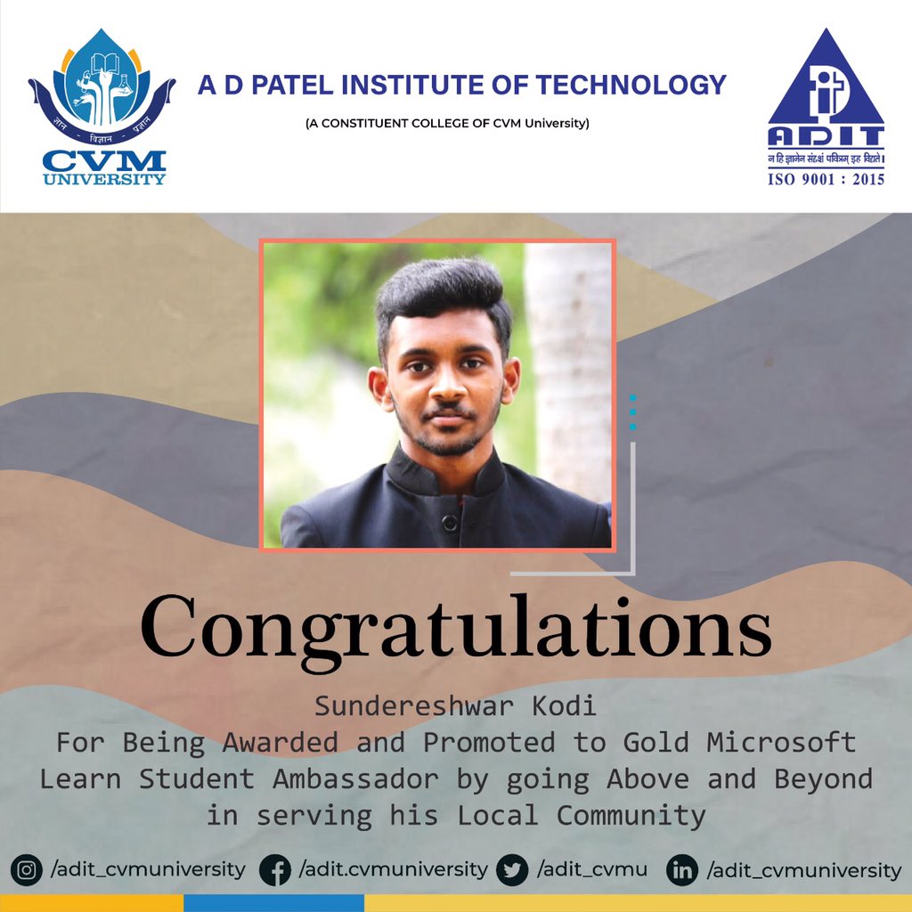 adit_cvmu's tweet photo. ADIT-CVMU
~ Proud Moment for ADIT ~
Congratulations Sundereshwar Kodi, Student of ADIT, for being Awarded & Promoted to gold Microsoft Learn Student Ambassador.
#cvmuniversity #adit_cvmuniversity #Microsoft #Microsoftstudentpartner #MSP #goldMicrosoftLearn #StudentAmbassador https://t.co/SaHhALlhrQ