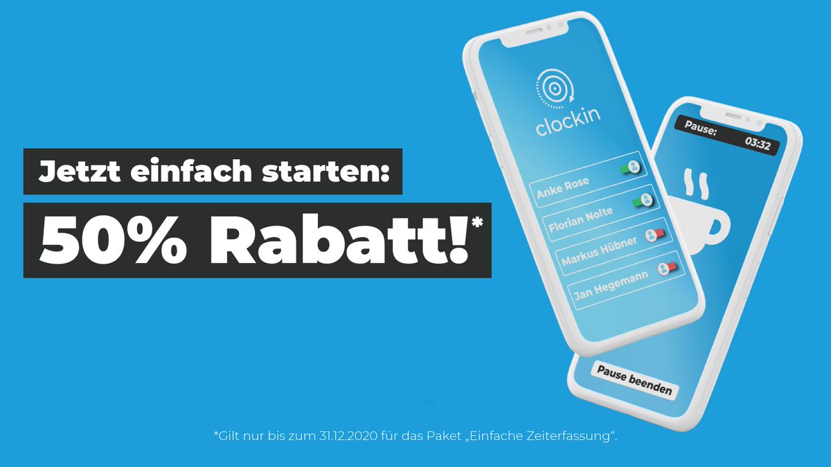 #EinfachStarten Wer seine Firma 2021 digitalisieren will, fängt am besten jetzt damit an! Deshalb bieten wir 50% Rabatt auf unsere mehrfach ausgezeichnete "Einfache #Zeiterfassung".#HomeOffice #heimarbeit

Direkt testen: register.clockin.de
Mehr dazu: clockin.de/einfach-starten