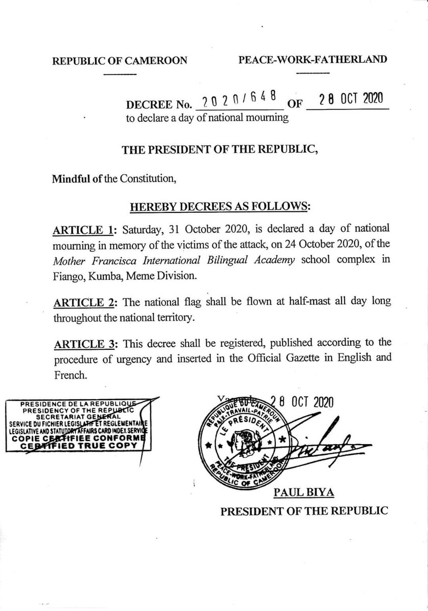 anchunda_benly's tweet photo. #Kumba
#KumbaIsBleeding
#KumbaMassacre
Saturday, October 31st, 2020 is national mourning day in Cameroon.The day has been declared by president Paul Biya in honour of the gruesome murder of school children in #Kumba on October 24 https://t.co/VdtuqomSrd