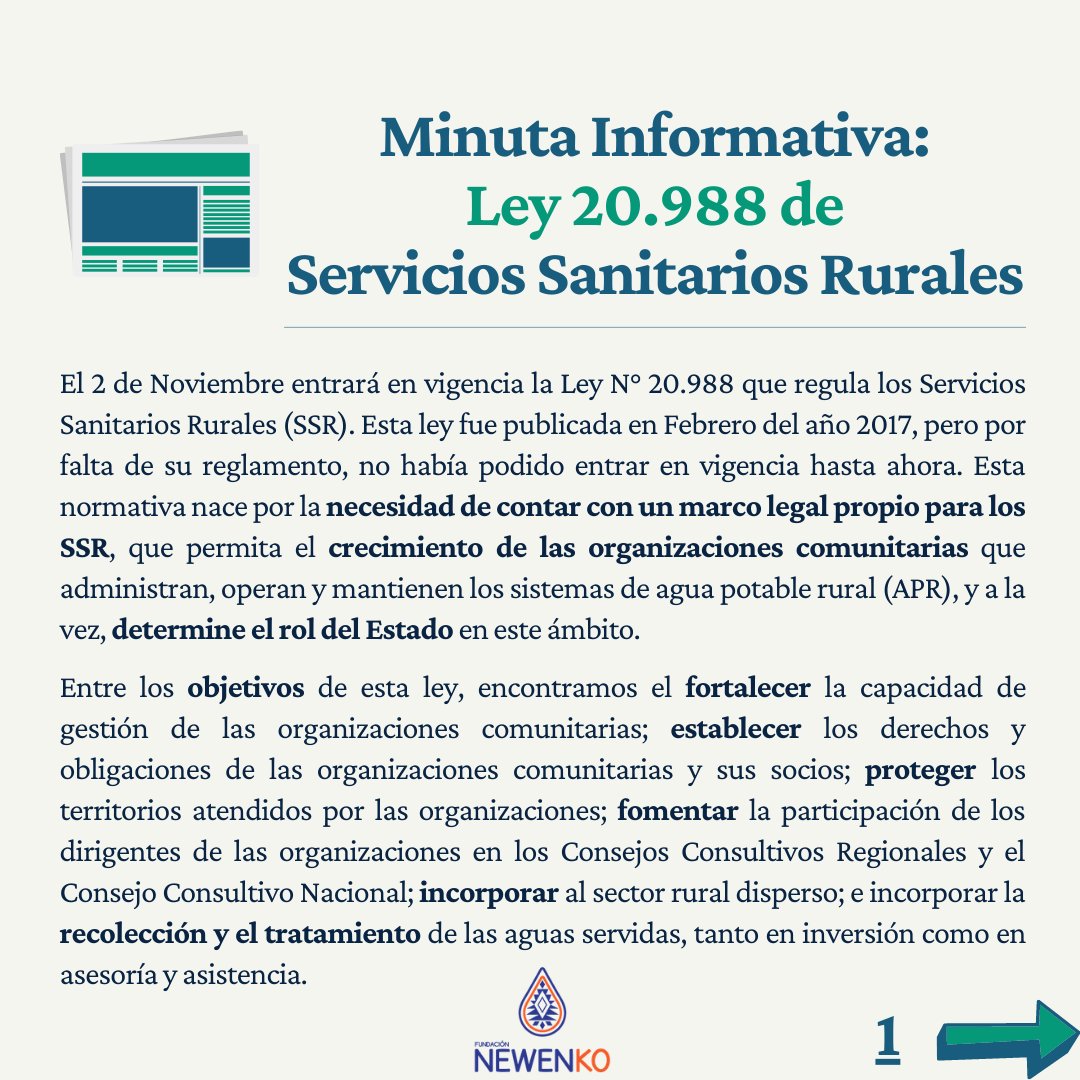 FundacioNewenko's tweet photo. Compartimos con ustedes información sobre el recientemente aprobado Reglamento que permitirá la esperada entrada en vigencia de la Ley 20.998, de Servicios Sanitarios Rurales.
A estar informadxs! 🧐
#newenko #sinpresionnohayagua #apr https://t.co/gRT45t9qjE