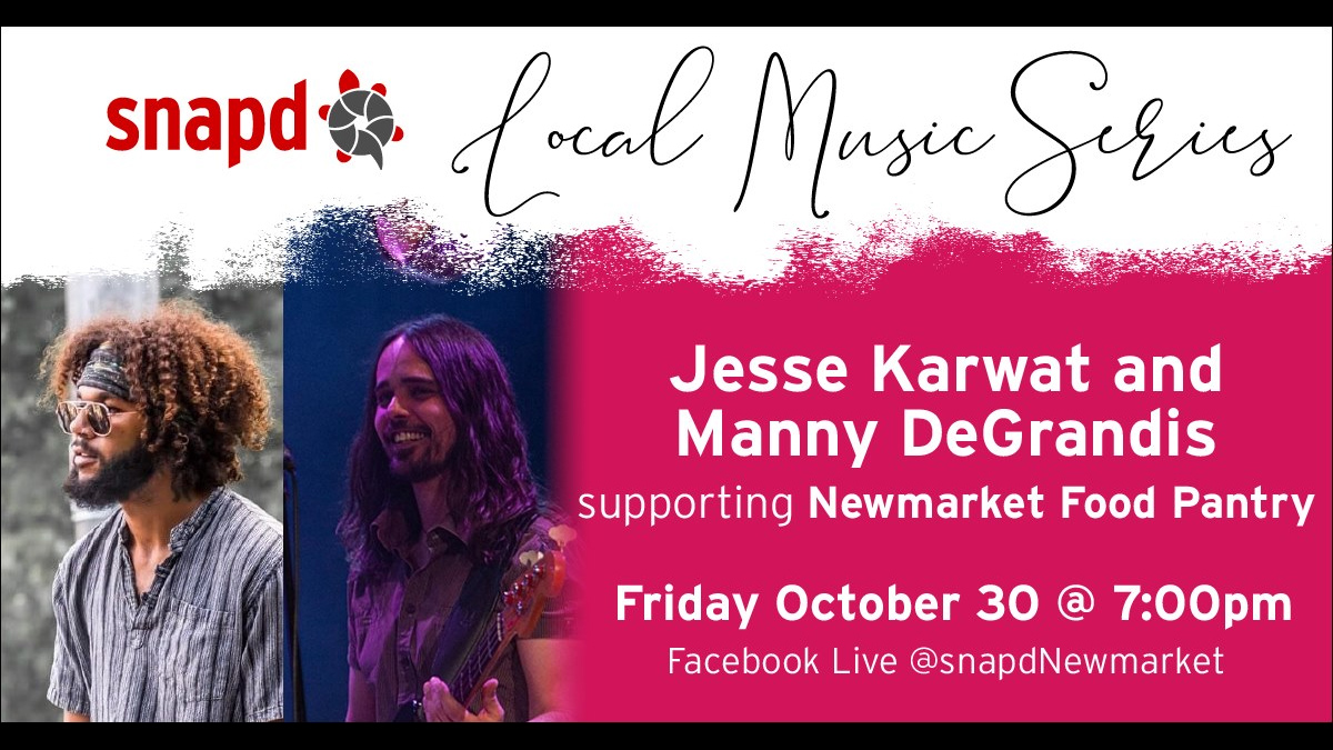 Friday at 7pm <a href="/getsnapd/">snapd</a> Music Series presents Jesse Karwat &amp; Manny DeGrandis, live on Facebook @ 7pm. Watch at facebook.com/snapdNewmarket/ Donations to Newmarket Food Pantry <a href="/NmktFood/">Newmarket FoodPantry</a> newmarket.snapd.com/events/view/13… #live #music #aurora #bradford #georgina #newmarket #yorkregion