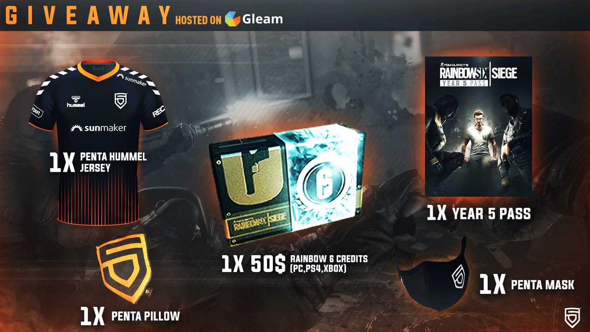 PENTA_Sports's tweet photo. It's time for a new gleam #giveaway!

Participate and have a chance to win;

🔶 50$ worth of #rainbow6 credits (PC,PS4,XBOX)
🔶 Year 5 Pass
🔶 PENTA Hummel Jersey
🔶 PENTA Mask
🔶 PENTA Pillow 

Enter here: https://t.co/C4GOHlIgQm

Winners will be picked on 15.11

#ThisIsPENTA https://t.co/mFJGTAnEBx