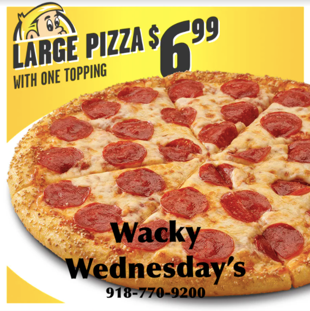 HowieTulsa's tweet photo. It's WACKY WEDNESDAY!!! Every WEDNESDAY get LARGE 1-TOP pizza's for only $6.99 when you pickup. #HowieDoIt #Tulsa #FlavoredCrustPizza #PickUpOnly #17thAndYale #TulsaRestaurants #HungryHowies #WackyWednesday https://t.co/hNXA6A5ik0