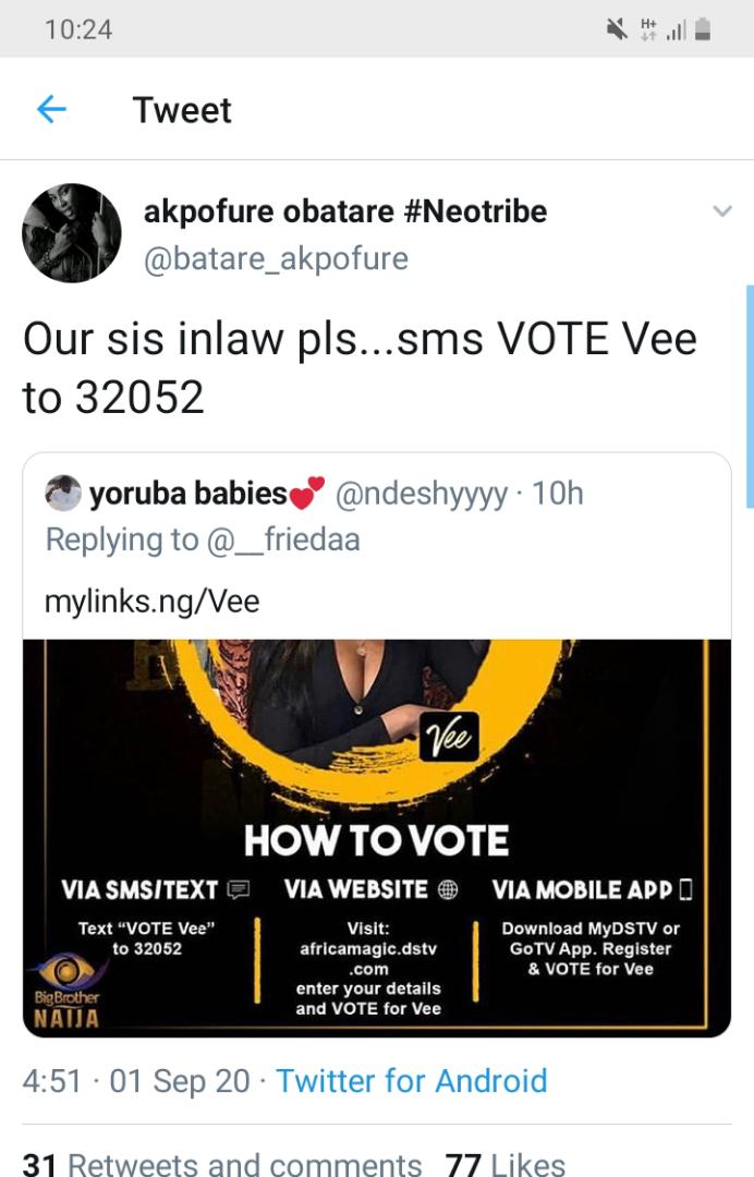 Aww. Must be niceScenes where Neo's sister  @batare_akpofure defebded and campaigned for  @veeiye .Number 1 shipper. 