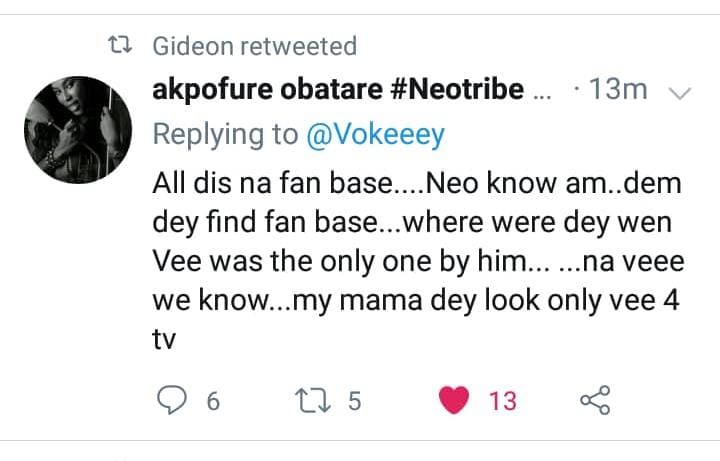 Aww. Must be niceScenes where Neo's sister  @batare_akpofure defebded and campaigned for  @veeiye .Number 1 shipper. 