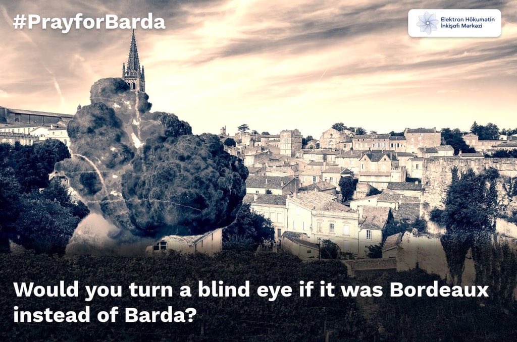 SabuhaXalis's tweet photo. Civilians in #Barda city, out of conflict zone, were targeted by #Armenian armed forces . As a result of ballistic attack, 4 people died, and at least 13 injured including children. What would you do if it was Bordeaux instead of Barda?
#PrayforBarda #StopArmenianAggression https://t.co/HDhOVGZuHp