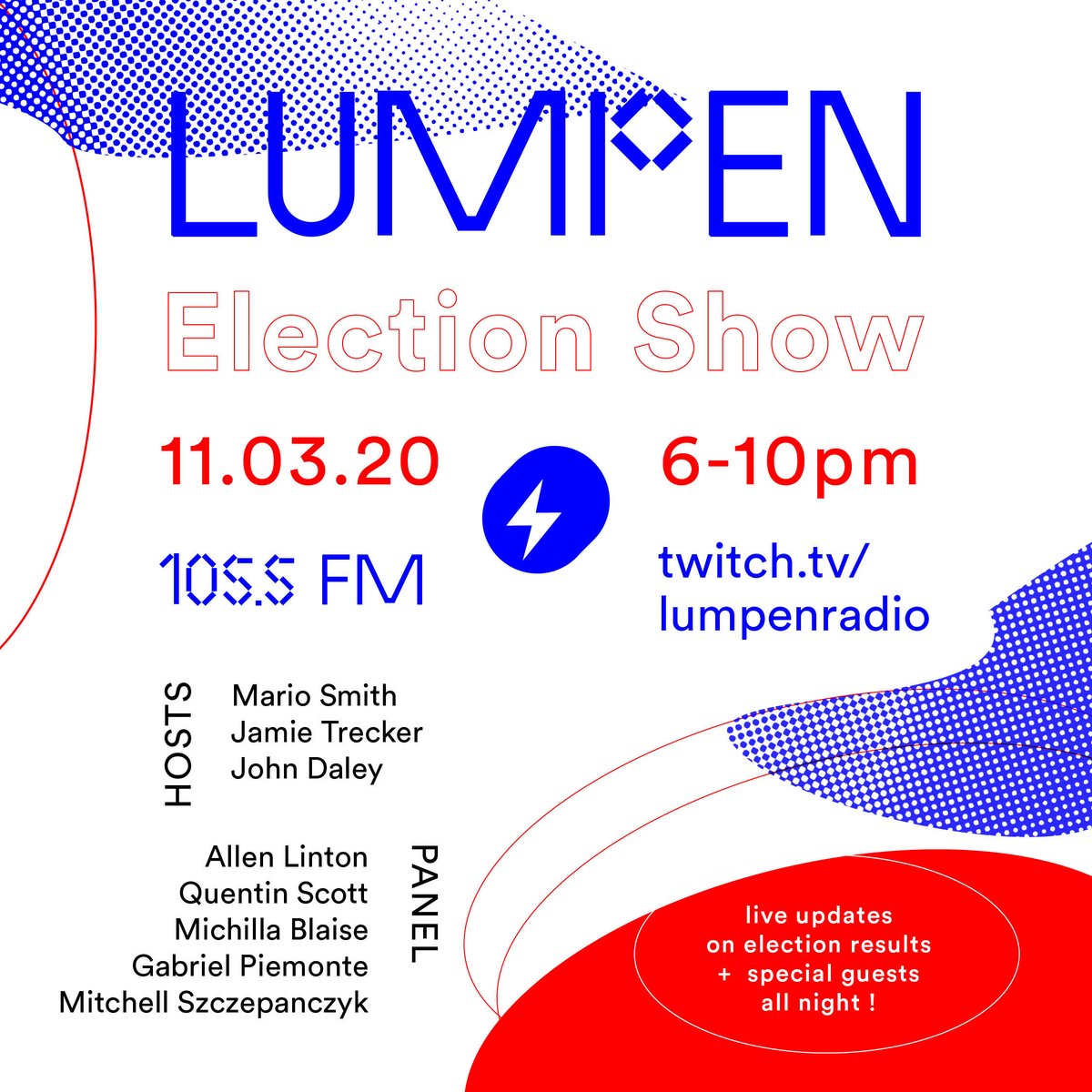 It's coming...

🗳️ ⚡️The Lumpen Election Show!⚡️ 🗳️
Broadcasted live to Lumpen Radio &amp; Twitch.TV/LumpenRadio
Live updates on election results with special guests all night! All on <a href="/lumpenradio/">Lumpen Radio</a>

⚡️ 11.3.2020 ⚡️ 6-10pm ⚡️

#VOTE #ElectionNight #ChicagoElection <a href="/marioinhydepark/">Mario</a>