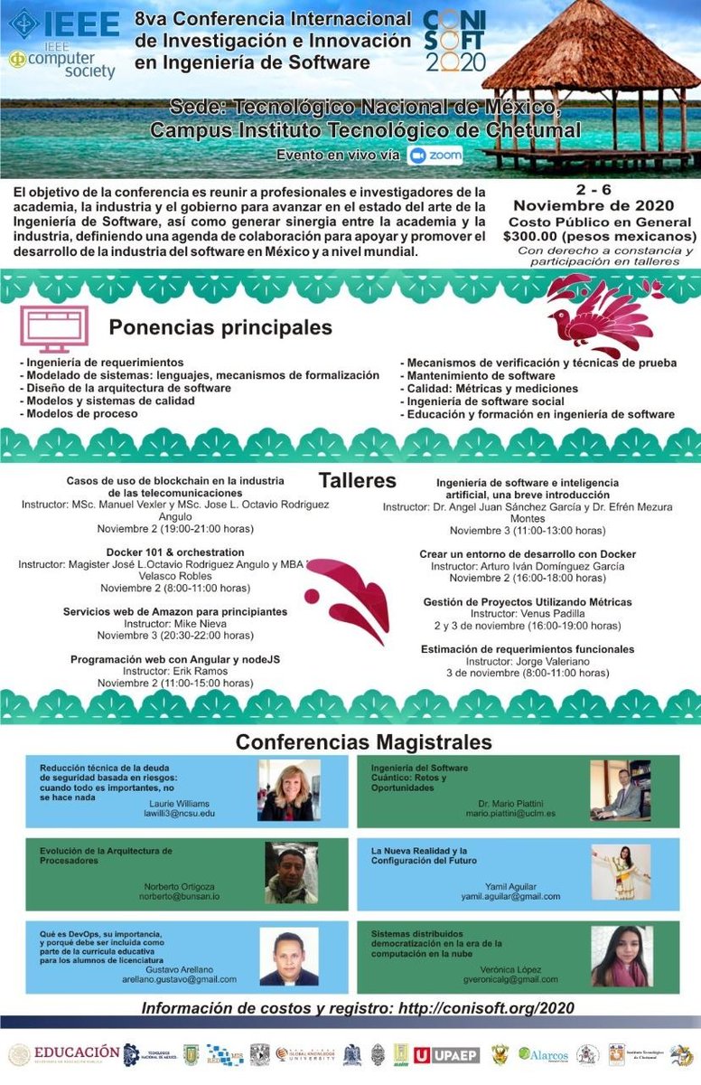 El <a href="/IT_Chetumal/">TecNM - Chetumal</a> te invita a participar en el <a href="/Conisoft2020/">Redmis / Conisoft / RedmiSoft</a> que se llevará a cabo del 2 al 6 de noviembre de manera virtual, en el cual se realizarán Ponencias, Taller y Conferencias Magistrales Nacionales e Internacionales. No lo pienses más y regístrate! conisoft.chetumal.tecnm.mx/conisoft/login…