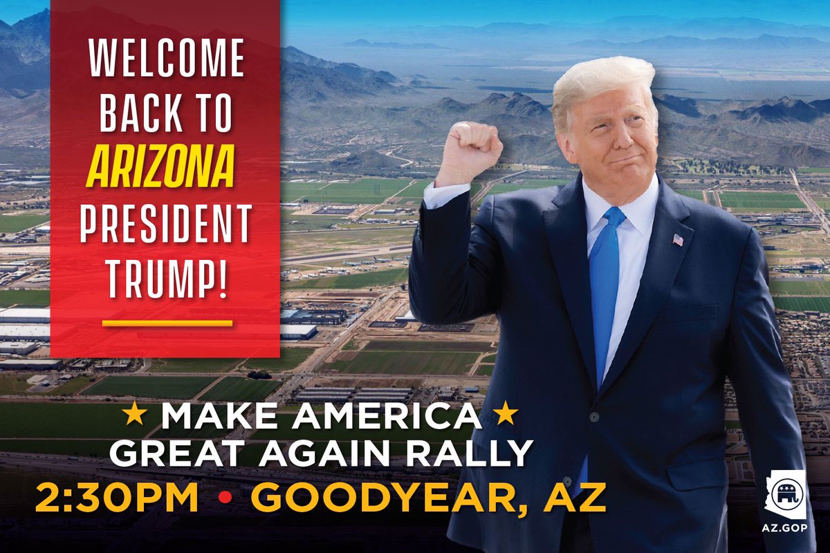AZGOP's tweet image. 🚨 President @realDonaldTrump will hold 2️⃣ #MakeAmericaGreatAgain rallies in Arizona today!

Secure your tickets now to see the President in-person ⤵️

🎫 BULLHEAD CITY: events.donaldjtrump.com/events/october…

🎫 GOODYEAR: events.donaldjtrump.com/events/october…

#KeepArizonaRed ❤️
#KeepAmericaGreat 🇺🇸