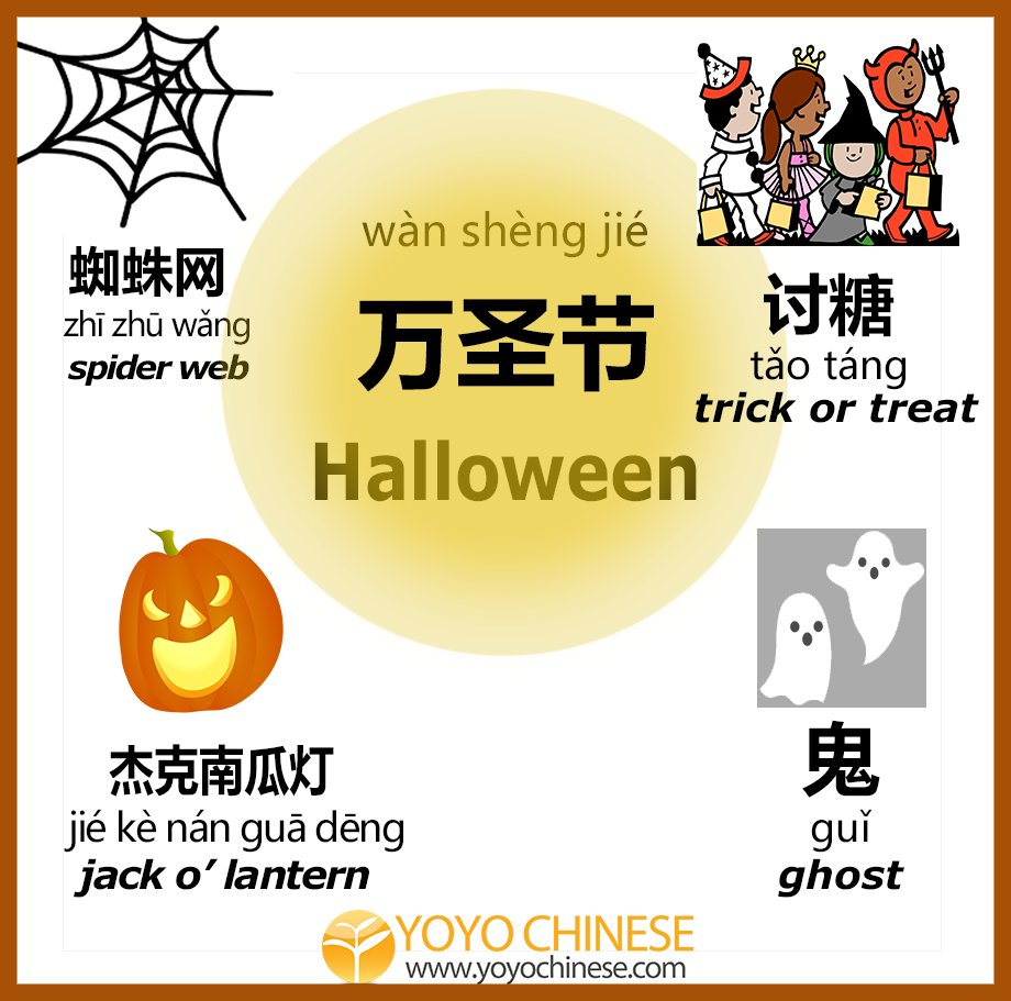 YoyoChinese's tweet photo. 万圣节快乐 (wàn shèng jié kuài lè) - Happy #Halloween everyone! 👻🎃
Even if you can't go trick or treating this year, you can still save this image and use this as an opportunity to learn some extra #Chinese #vocabulary!
#learnchinese #mandarinchinese #GoYoyo #Halloween2020 https://t.co/Zz7I9y4mJh