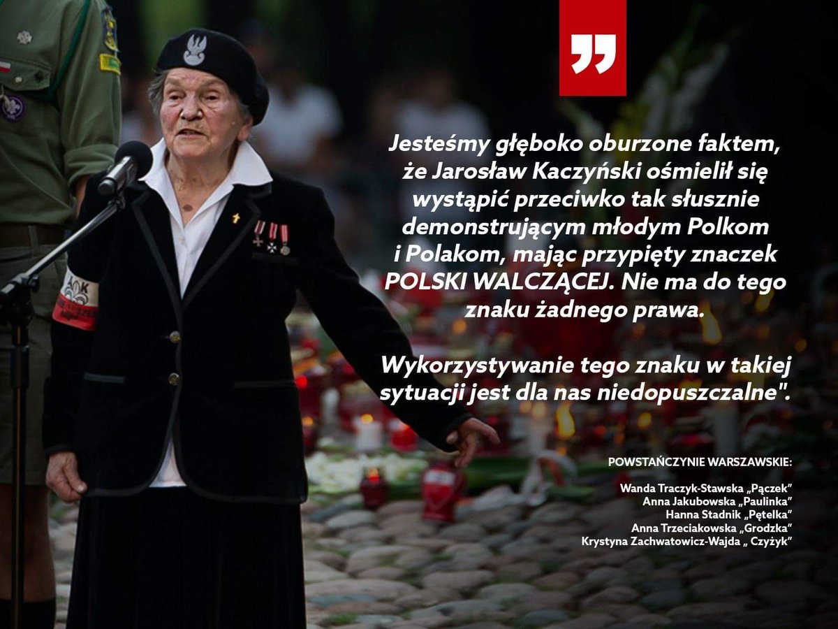 Politycy PiS mają usta pełne frazesów, ale nie uznają żadnych świętości. Wczoraj J. Kaczyński wygłosił haniebne oświadczenie mając znak Polski Walczącej w klapie. W specjalnym stanowisku potępiły to Powstańczynie Warszawskie. Dziś wyszły na ulice wesprzeć #StrajkKobiet. Dziękuję.