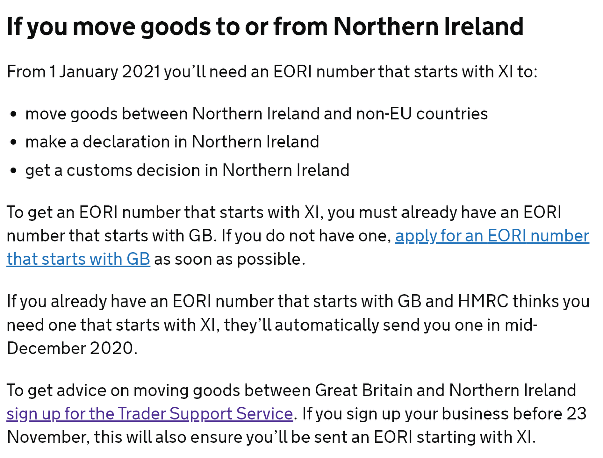 [This wasn't in list above but is something that does need biz to act on, so adding it here.]NI businesses can have EORI no.s with a  #GB prefix and an  #XI prefix.  https://www.gov.uk/eori&nbsp;If enrolled in  #TSS then an XI-prefix will be auto-issued in Dec.  https://tinyurl.com/y58eru6e&nbsp;