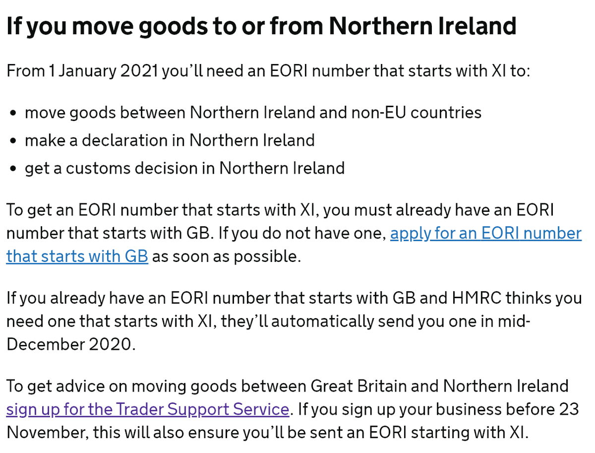 [This wasn't in list above but is something that does need biz to act on, so adding it here.]NI businesses can have EORI no.s with a  #GB prefix and an  #XI prefix.  https://www.gov.uk/eori If enrolled in  #TSS then an XI-prefix will be auto-issued in Dec.  https://tinyurl.com/y58eru6e 