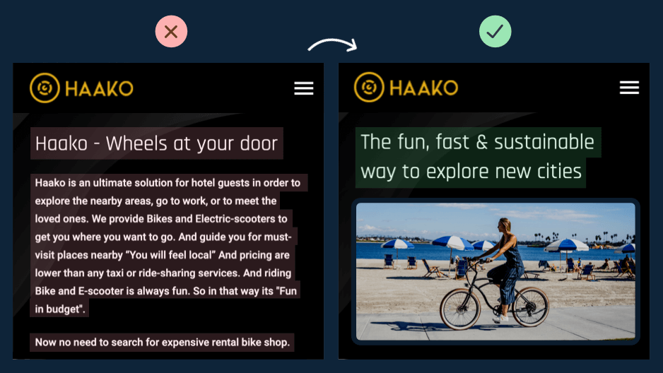 8/ HaakoThis one's more about *repackaging* than *rewriting*. You can't expect people to read one huge text block to understand your product.So we condensed their text block to one sentence. And added an image to bring the product to life.
