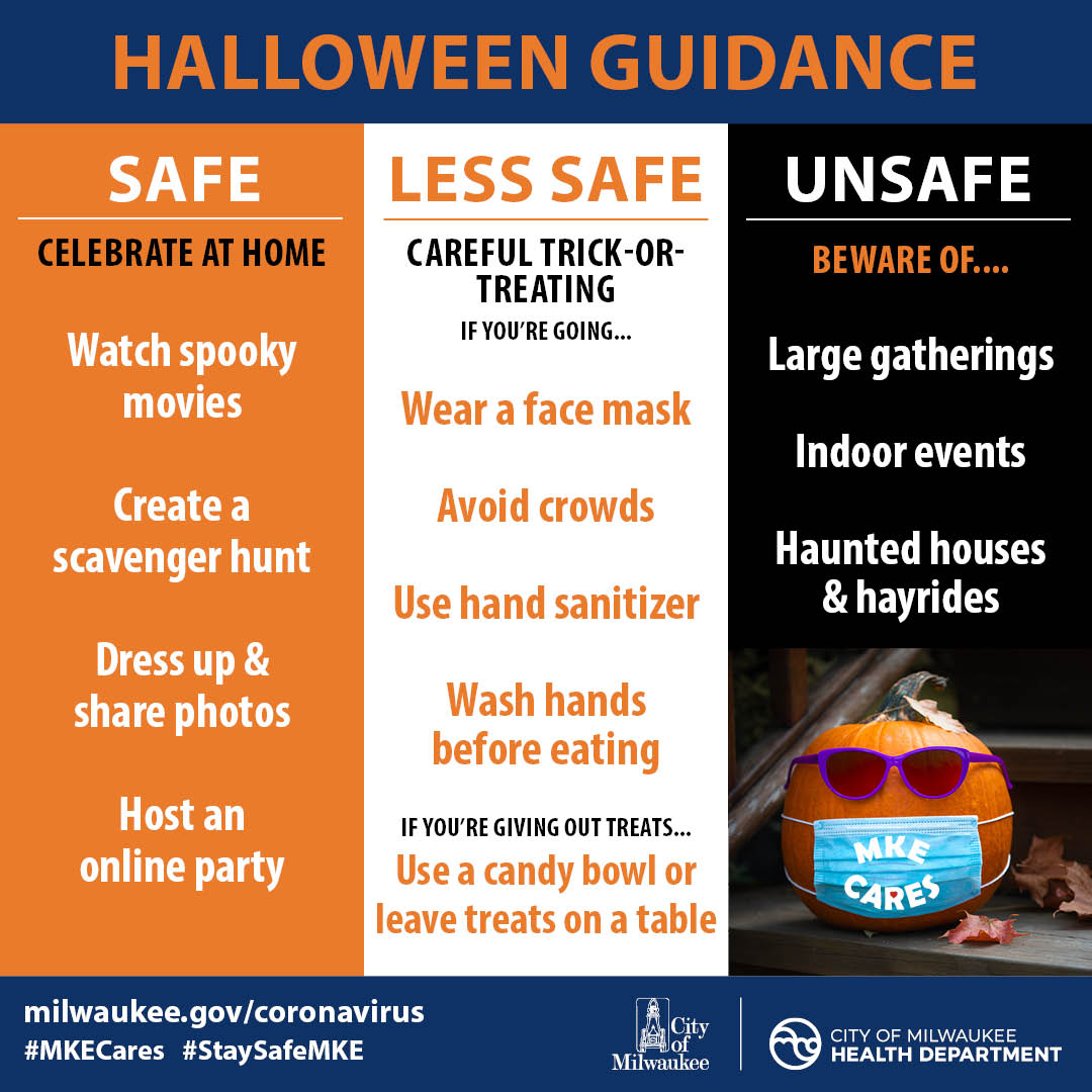 MKEhealth's tweet photo. The @cityofmilwaukee Health Department wants everyone to have a safe "Reimagined" Halloween. Be creative while maintaining safety precautions and read more tips at https://t.co/x2TLOC8Uxu. #StaySafeMKE #Halloween 🎃 #milwaukee https://t.co/yAKYXN4V44