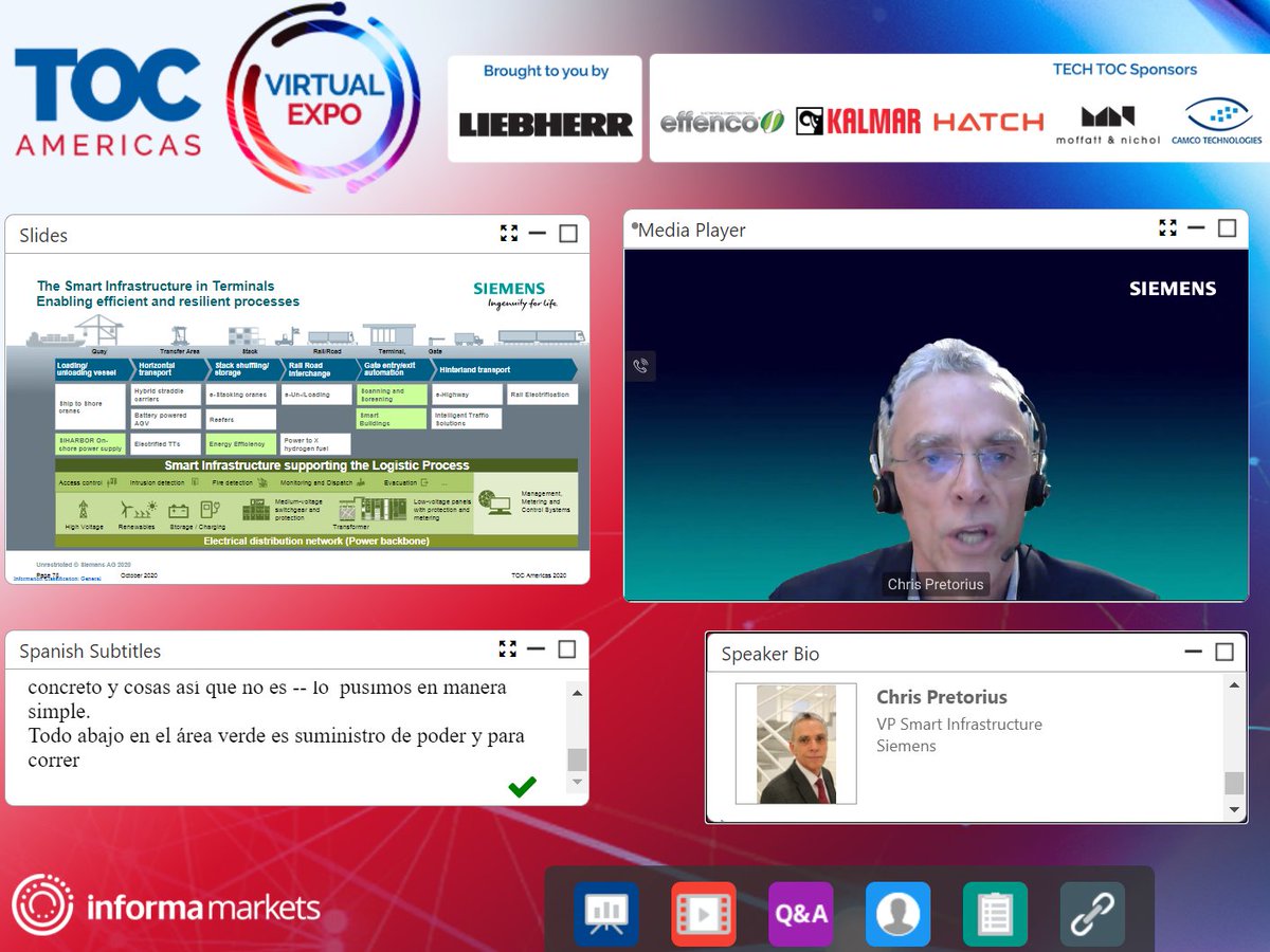 mundomaritimo's tweet image. Chris Pretorious, de Siemens: &quot;la infraestructura inteligente permite eficiencia y resiliencia en las operaciones portuarias&quot; en panel “Green Port Tech Operations&quot; de #TOCAmericasVirtualExpo @siemensindustry @TOCWorldwide #TOCAmericas #TECHTOC #MundoMaritimo
