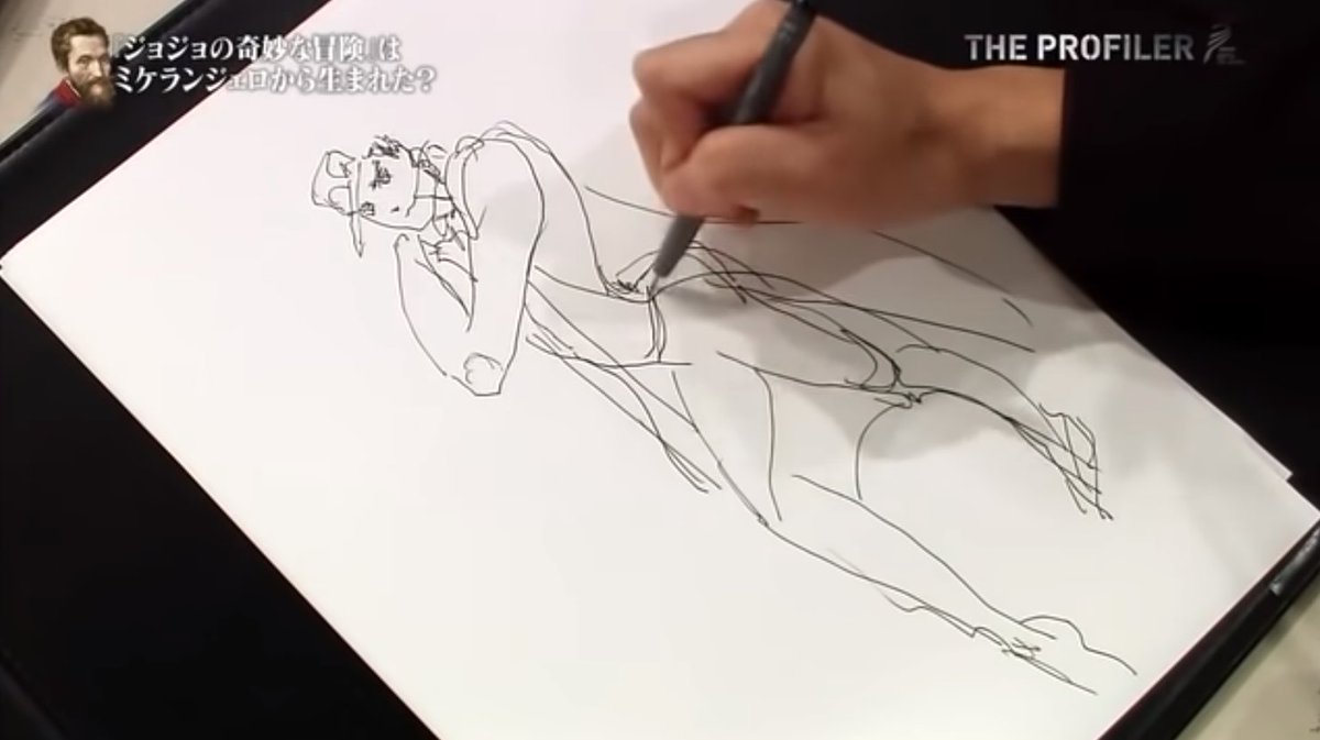 Araki talking about Michelangelo's style with a Jotaro sketch

He notes that Michelangelo accentuates hardpoints, like elbows and hips. 

He says the best part about sketching is letting it flow, making them "natural, but not commonly seen/drawn (非日常)." 
#jojo #jjba #ジョジョ 