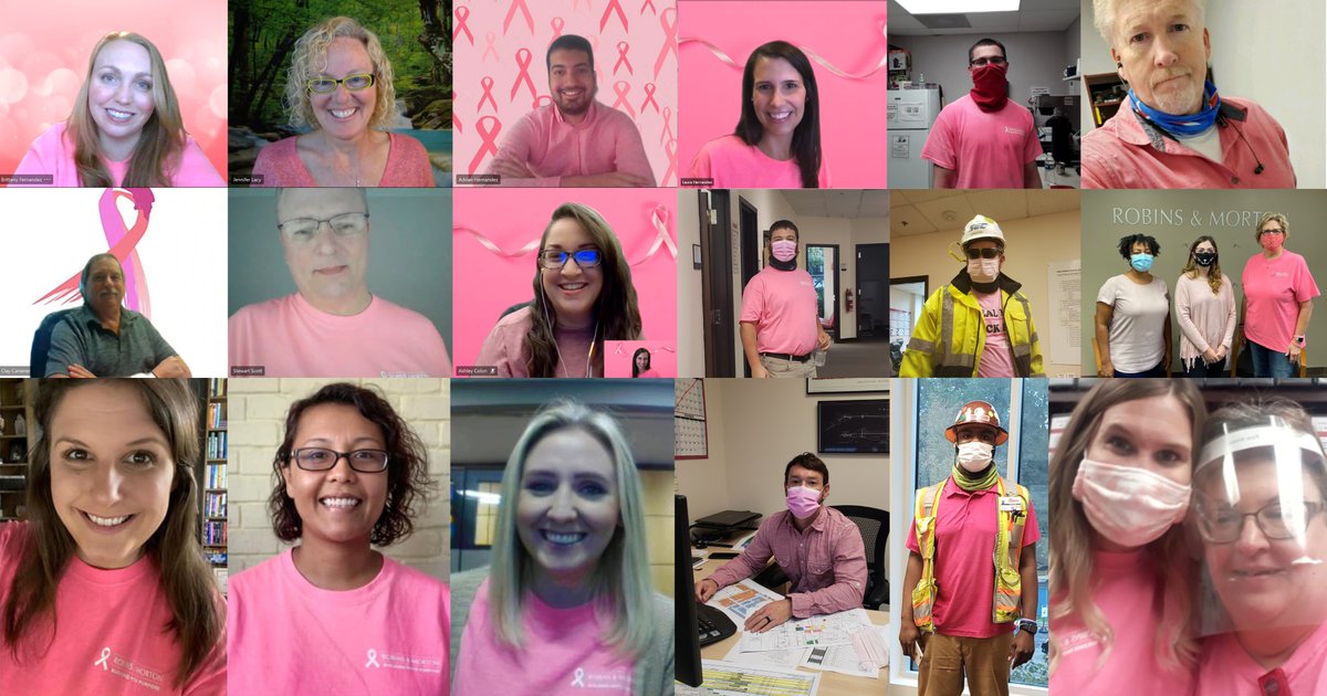 RobinsMorton's tweet photo. It's #BreastCancerAwarenessMonth and our team members wore pink to raise awareness, remember those we have lost, and celebrate the survivors. Thank you to our projects and offices for advocating awareness of this disease that affects so many! #givingwithpurpose #PinkOut2020 https://t.co/68VYFwi6Sk