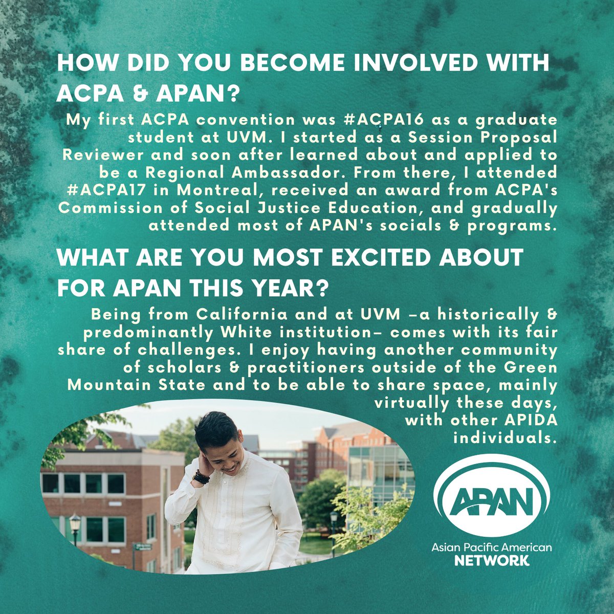 acpaapan's tweet photo. Leaves are falling but be-leaf in community is always growing! Find your ppl who root for you~ 🍃🍂🌱
✨ Eric G. Carnaje ✨
he/him @eeekitseric
Director @UVM_Orientation @uvmvermont
APAN Community Engagement Co-Chair
#CSAM20 takeover ➡️ IG Highlights🤩
#SApro #APIDAplus https://t.co/V41YT5psZf