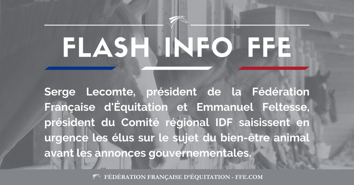 FFEquitation's tweet photo. #FlashInfoFFE @SergeLecomte, président de la @FFEquitation et Emmanuel Feltesse @CREIF_2017_EF , président du Cre Ile de France saisissent en urgence les élus sur le sujet du bien-être animal avant les annonces gouvernementales.
➡️ https://t.co/J6GHQ6pBXV
#BEA #BienEtreAnimal https://t.co/HPltmAAE7D