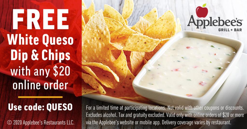 Applebees's tweet photo. Dip into our latest savory deal. Get a FREE White Queso Dip and Chips appetizer on your next online order of $20 or more via our website or mobile app.  Add item to your cart and use code: QUESO at checkout.  Offer expires on 11/8/2020 or while supplies lasts. https://t.co/RJBcF0zkqr