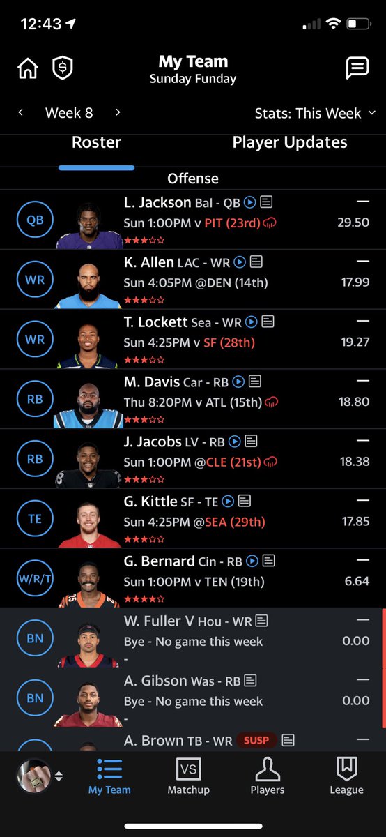 DaddyChark's tweet photo. @MattFtheOracle @SigmundBloom I traded aj brown brown for Lamar Jackson, had cam before, did I win the trade on paper based on roster construction? https://t.co/EhuxagsnWu
