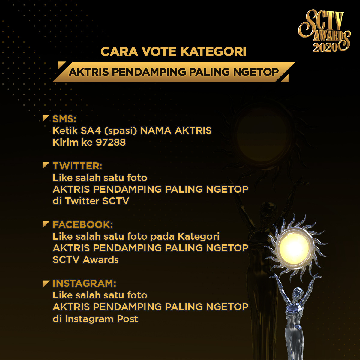 Like tweet ini supaya <a href="/cutsyifaa/">Cut Syifa H</a> bisa bawa pulang piala Kategori Aktris Pendamping Paling Ngetop!
Cek mekanisme selengkapnya, ya!

#VoteSA2020 #SA4 #SCTVSpesial #SA2020CutSyifa