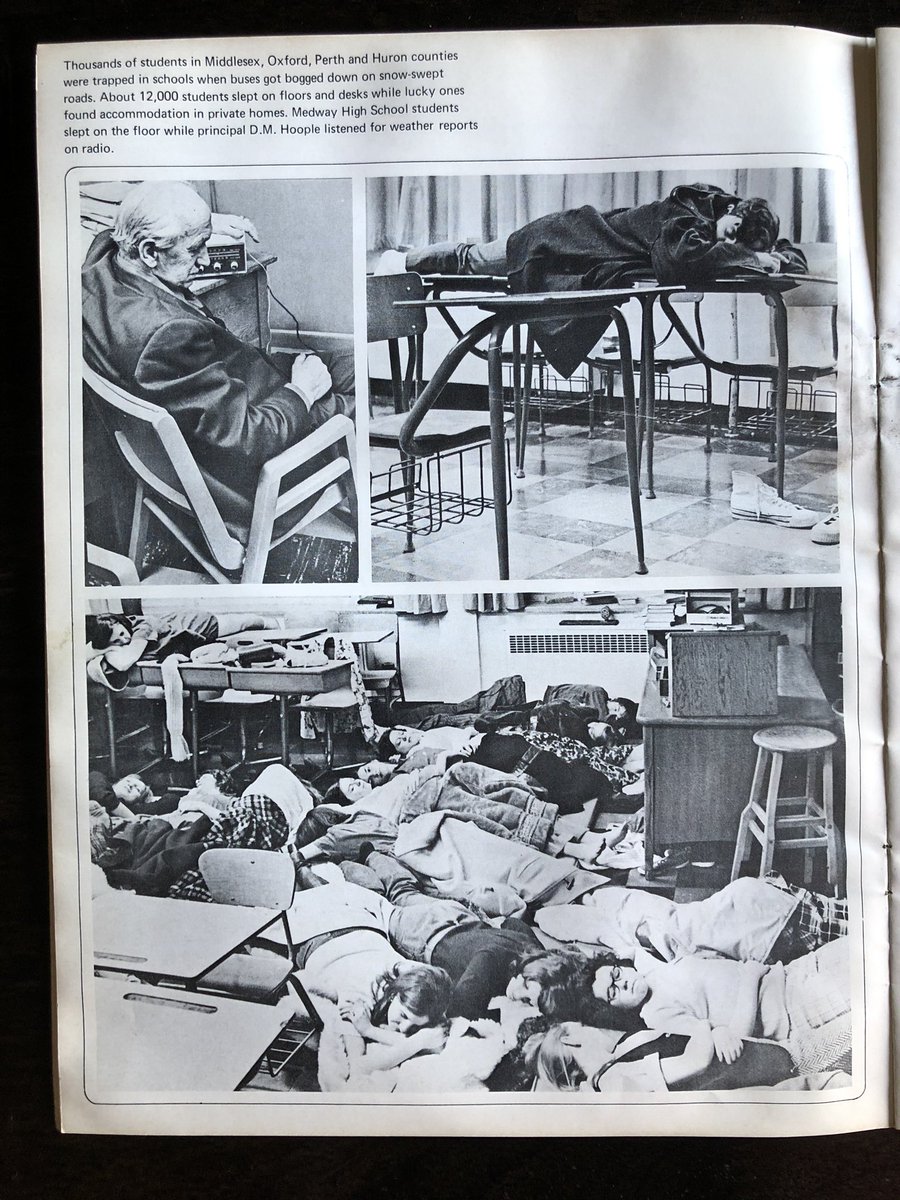 About 12,000 students slept on classroom floors and desks throughout Middlesex, Oxford, Perth and Huron counties. Canadian Forces were called in to help.  #swont