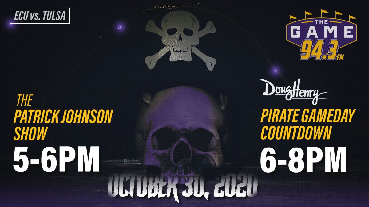 943TheGame's tweet photo. The #Flagship Home of @ECUAthletics has you covered for @ECUPiratesFB at Tulsa under the #FridayNightLights w/ Game Day Programming:

🎙The #PatrickJohnsonShow 5-6 pm

🏴‍☠️ #Pirate #GameDay Countdown Driven by #DougHenry Automotive w/ 
@pmanonair &amp; @Tcopper10 6-8 pm https://t.co/9KE4QlRnPh