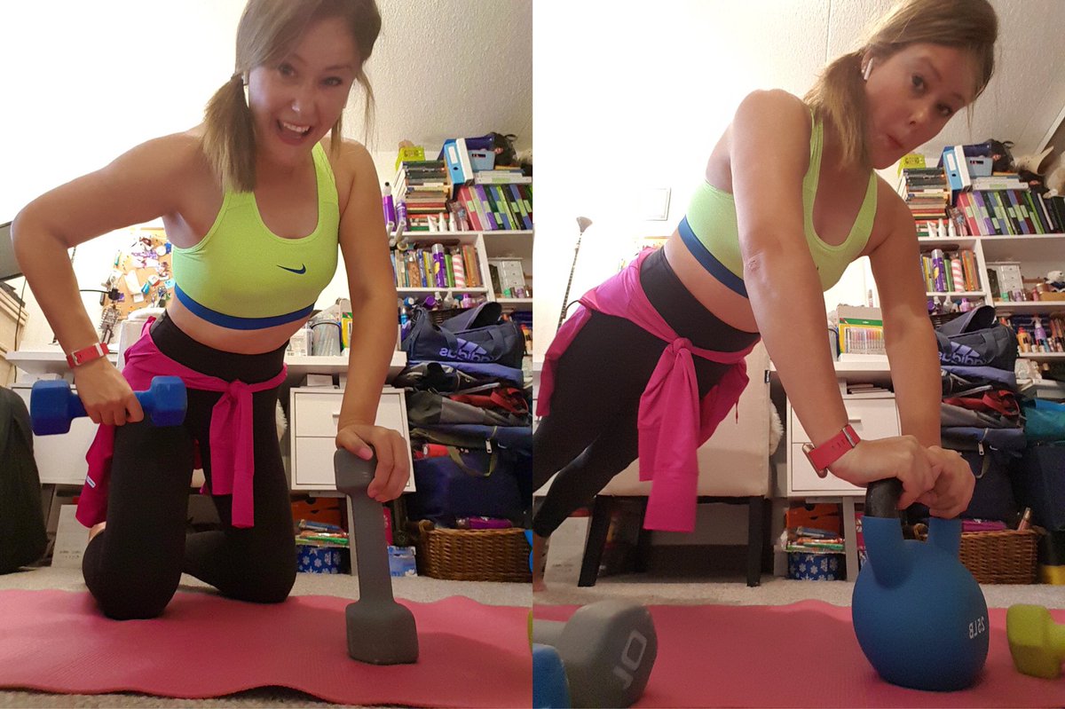 HeyItsMeMissJT's tweet photo. Todayβs indoor workout is brought to you by contractors taking over my patio & parking lot. Thanks @sydneycummings_ for the motivation. πͺπ I hate working out indoors! #KettlebellPlanks #Rows #WorkoutWithWeights #SetsAndReps Yep, always have a surprised look on my face. π€©π https://t.co/dXmMHBFlwC