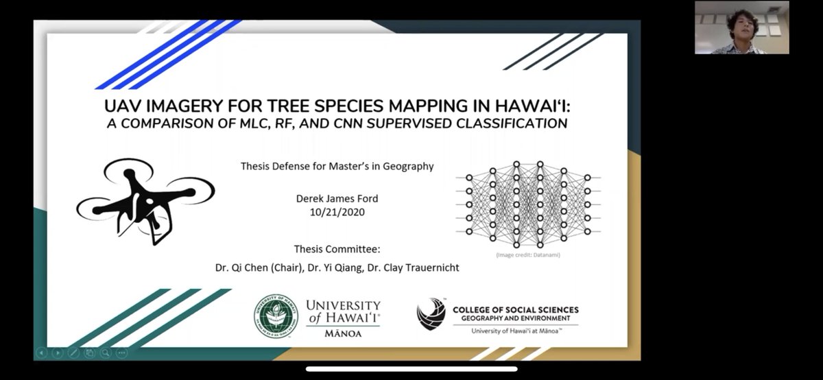 geog_uhm's tweet photo. Congratulations to UH Geography and Environment MA student Derek Ford (@Island_UAV) on the successful defense of his thesis last week -- "UAV Imagery for Tree Species Classification in Hawai‘i: A Comparison of MLC, RF, and CNN Supervised Classification." https://t.co/UOJc7ExiyC