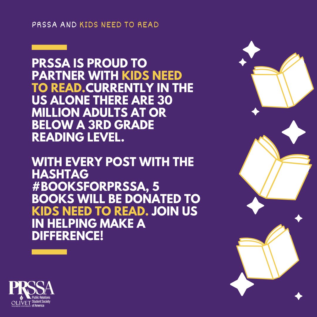 OlivetPRSSA's tweet photo. This year for our international conference, the Community Service Initiative is a partnership with Kids Need to Read. With every post with the hashtag #booksforPRSSA 5 books will be donated from Rodney and Sasha Glassman on behalf of PRSSA!
#OlivetPRSSA #COMMTogether #PRSSA https://t.co/wheQwpP6XV
