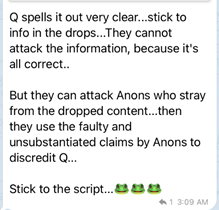 14. Adherents argued that some followers had strayed from the path of truth and were now dabbling in ideas that were hurting the cause. This argument was used to rally the true believers and reaffirm their commitment to the Q and the “authentic” Qdrops. A sample: