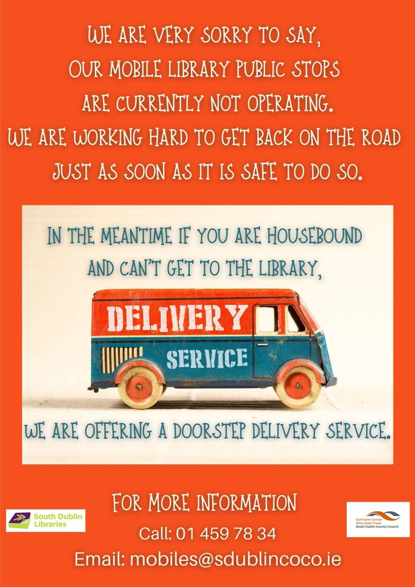 sdublincoco's tweet photo. If you are currently housebound and can't get to the library, please contact our mobile library service who are offering a doorstep delivery on 01 4597834 or email them at mobiles@sdublincoco.ie
#SDCCLibraries #LibrariesIreland #Takeacloserlook #Leapintolibraries https://t.co/ZLpR5xPPVG