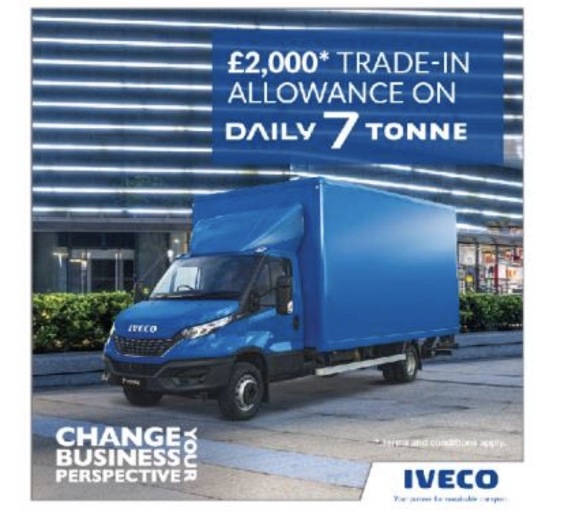 More payload, more fuel savings, more comfort, more safety, more driveability =the Daily 7 Tonne with a Gross Vehicle Weight of up to 7.2T it is the strongest vehicle that carries the biggest payload, up to 4.9T + trade in and  receive a generous £2,000 trade-in allowance.