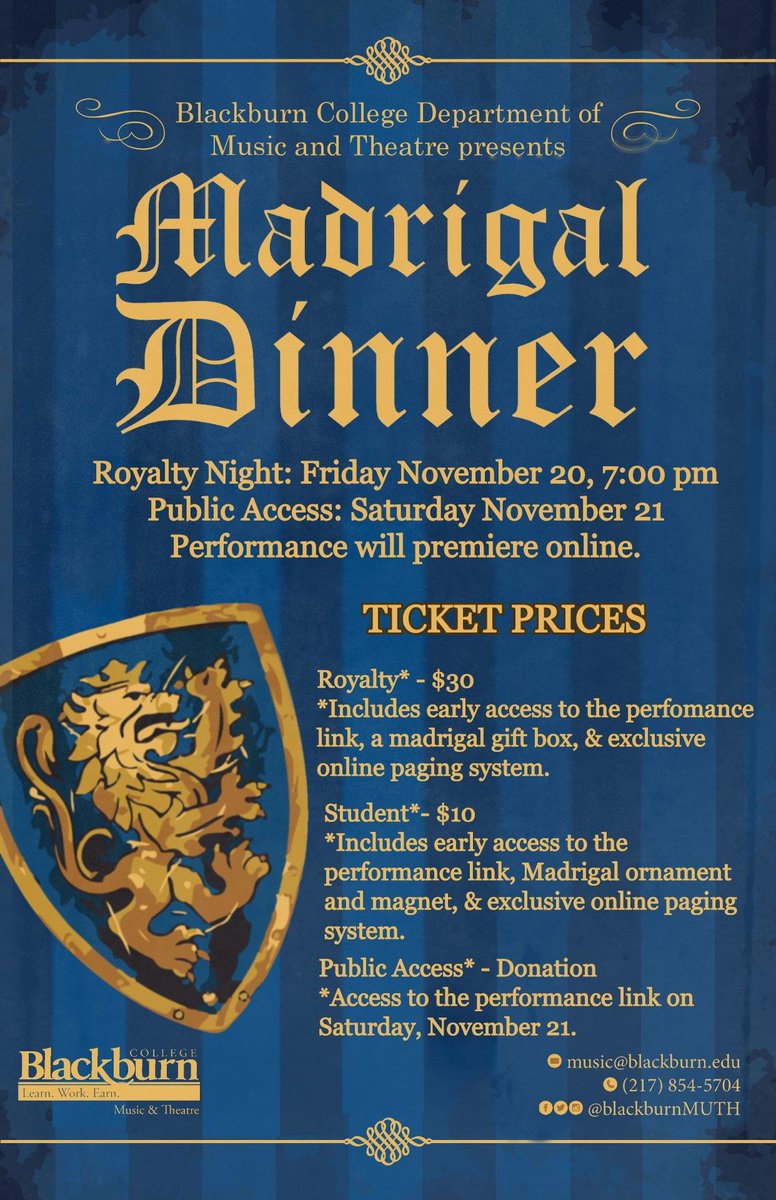 blackburnMUTH's tweet photo. Tis the season!
Madrigals are almost upon us, yes you heard right. This year Madrigals will be entirely online, kind of. 

If you are interested in getting tickets for Madrigals you can contact the Music Office by calling (217) 854-5704 or email music@blackburn.edu https://t.co/yvJjUhVT0T