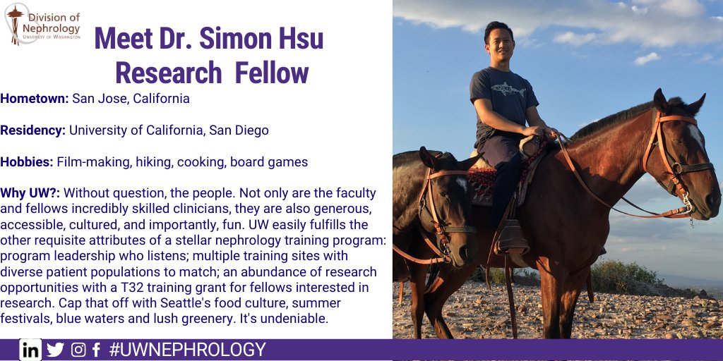 UWNephrology's tweet photo. Meet our 3rd year research fellow, Dr. Simon Hsu sharing why he chose #UWNephrology Fellowship Program @UWMedicine @UWGME @nwkidney @KidneyResInst
#FellowSpotlight  #Nephfellows #NephTwitter https://t.co/ERnSuVK5UI
