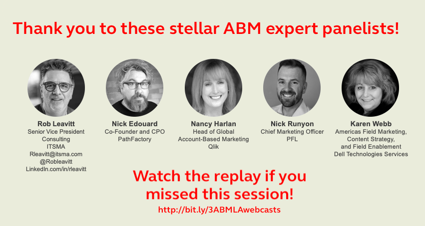 Momentum ITSMA (@momentumitsma) on Twitter photo Big thank you to this stellar panel of #ABM experts for taking us through a sneak peak at the upcoming ABM Benchmarking Study!
<a href="/robleavitt/">Rob Leavitt</a> and <a href="/nickedouard/">Nick Edouard</a> of <a href="/pathfactory/">PathFactory</a>, <a href="/NancyHarlan/">Nancy Carlyle Harlan</a> of <a href="/qlik/">Qlik</a>, <a href="/Nick_CMO/">Nick Runyon</a> of <a href="/PFLcom/">PFL</a> and <a href="/SoxMomSection94/">Karen Webb</a> of <a href="/DellEMC/">Dell EMC</a>
#newprioritiesabm
<a href="/ABMLA1/">ABMLA1</a> Big thank you to this stellar panel of #ABM experts for taking us through a sneak peak at the upcoming ABM Benchmarking Study!
<a href="/robleavitt/">Rob Leavitt</a> and <a href="/nickedouard/">Nick Edouard</a> of <a href="/pathfactory/">PathFactory</a>, <a href="/NancyHarlan/">Nancy Carlyle Harlan</a> of <a href="/qlik/">Qlik</a>, <a href="/Nick_CMO/">Nick Runyon</a> of <a href="/PFLcom/">PFL</a> and <a href="/SoxMomSection94/">Karen Webb</a> of <a href="/DellEMC/">Dell EMC</a>
#newprioritiesabm
<a href="/ABMLA1/">ABMLA1</a>