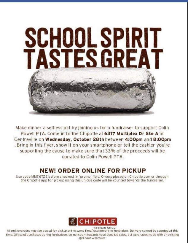 Today from 4-8pm at the Chipolte by the movie theater. Show them the code on the flyer to make sure your order counts towards our fundraiser!!