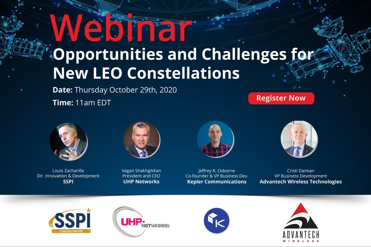 #Webinar Opportunities and Challenges for New LEO Constellations Thu, Oct 29, 2020 11:00 AM EDT Register Now: advantechwireless.us19.list-manage.com/track/click?u=…