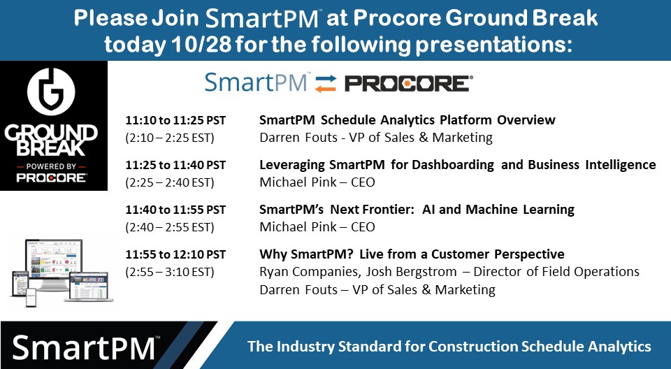 SmartPMTech's tweet image. Stop by our virtual booth today at Procore&apos;s virtual Groundbreak and let&apos;s build something groundbreaking
together! Be a #Groundbreaker #procore #smartpm
#constructionanalytics

@procoretech