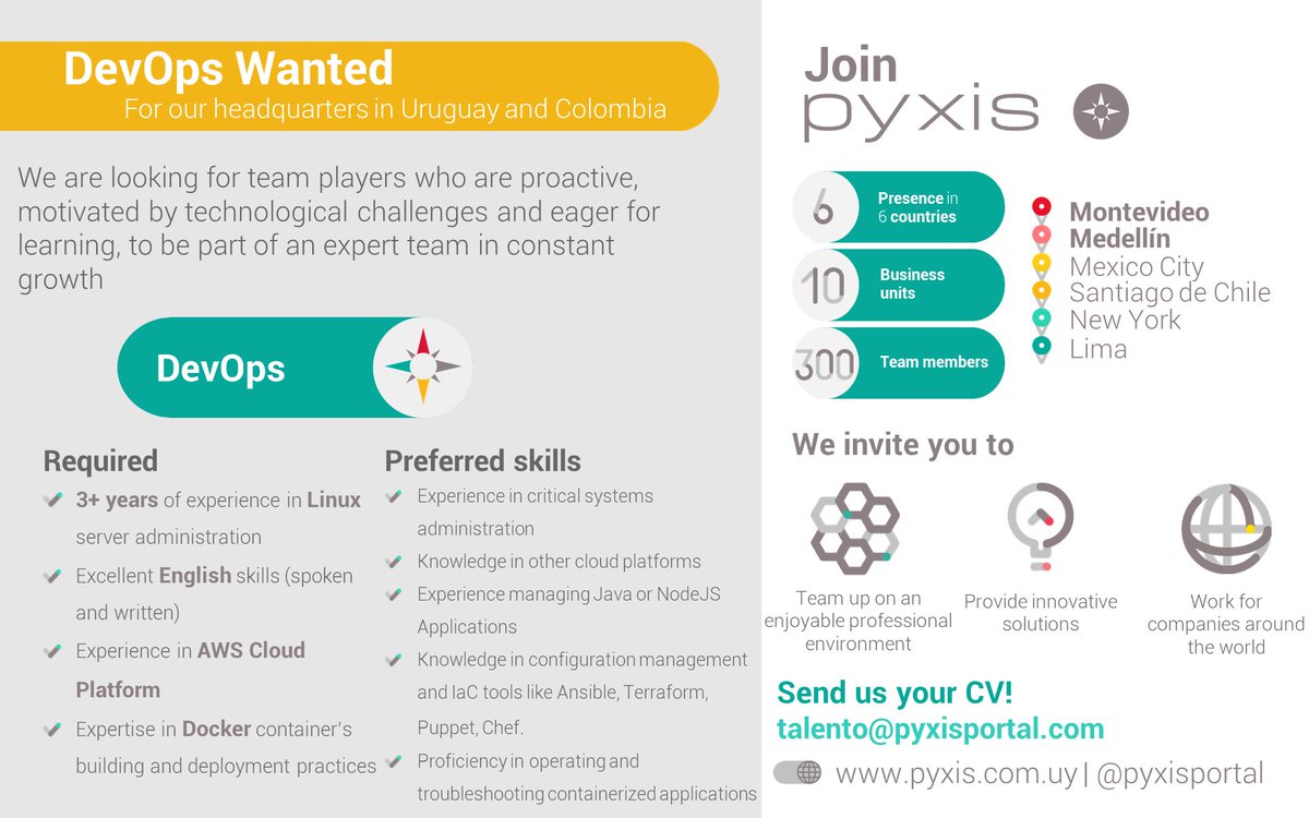 Pyxisportal's tweet photo. 🔎#DevOpsWanted ¡Buscamos nuev@ integrante para el equipo de #DevOps en📍#Montevideo y 📍#Medellín!
🚀¡Sumate a nuestro ecosistema! 
👉 talento@pyxisportal.com https://t.co/YZRrxk6dQo