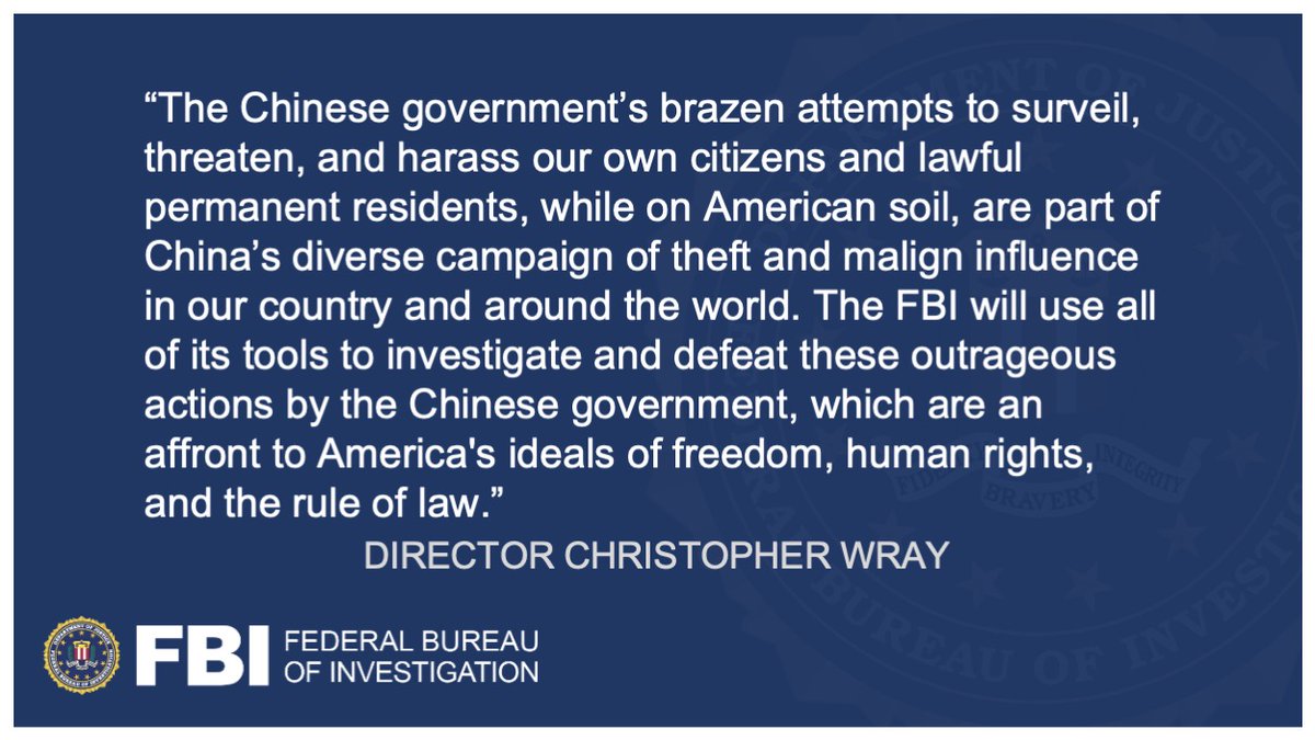 This morning,  #FBI Director Christopher Wray joined our partners  @TheJusticeDept and  @EDNYnews to announce charges against eight defendants for conspiring to act as illegal agents of China during a multi-year harassment campaign directed at U.S. residents.  http://ow.ly/Teyn50C5g6j 